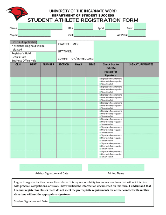 Student Athlete Registration Form screenshot