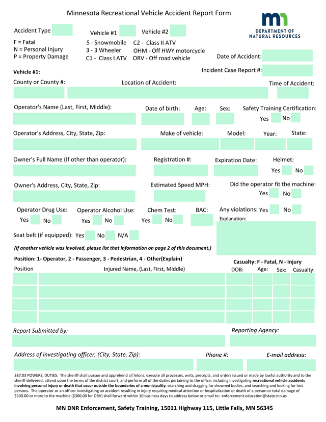 Minnesota Recreational Vehicle Accident Report Form screenshot