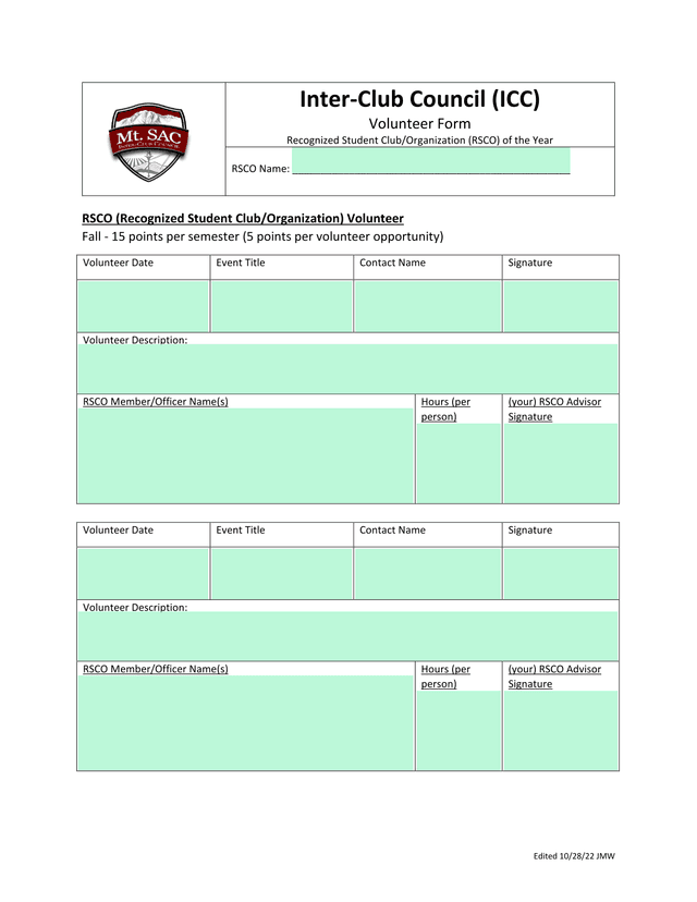 Inter Club Council (ICC) Volunteer Form screenshot