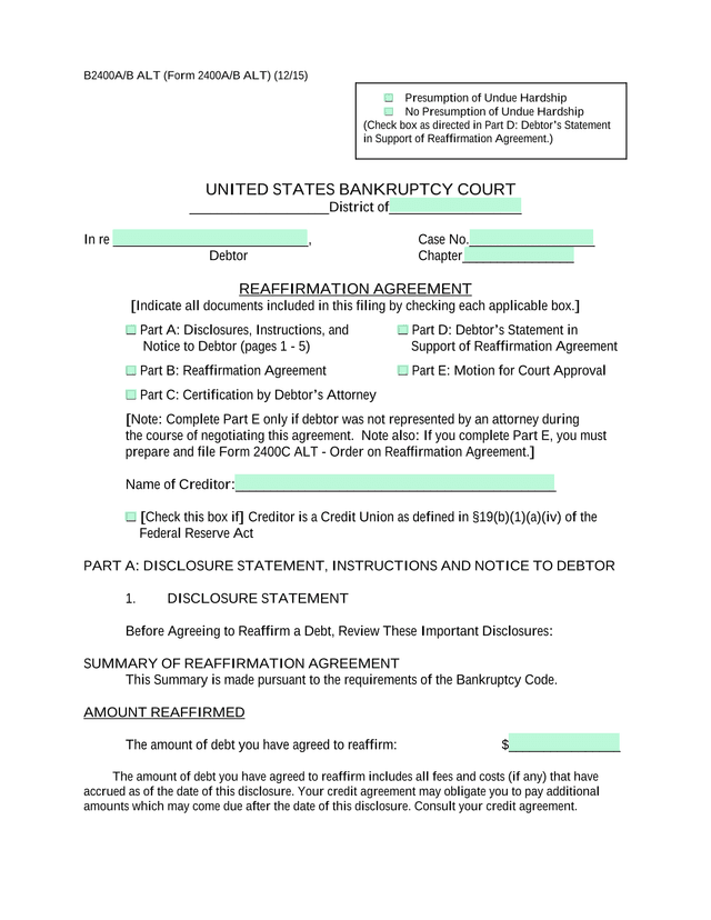 Reaffirmation Agreement (Form 2400AB ALT) screenshot