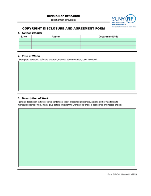 COPYRIGHT DISCLOSURE AND AGREEMENT FORM screenshot