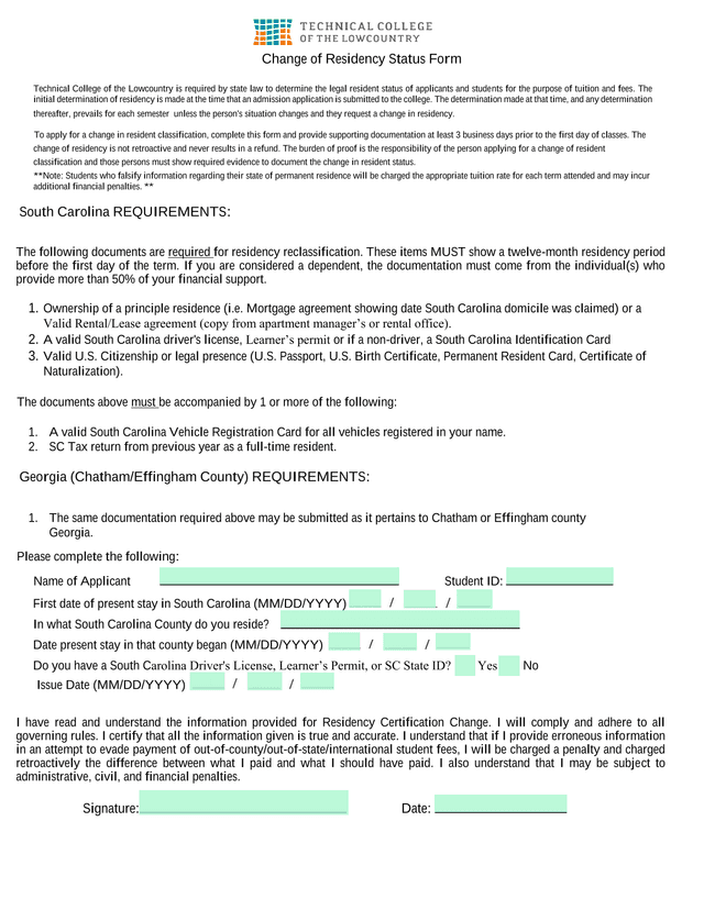 Change Of Residency Status Form screenshot