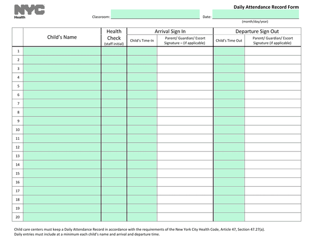 Daily Attendance Record Form screenshot
