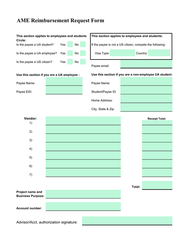 AME Reimbursement Request Form screenshot