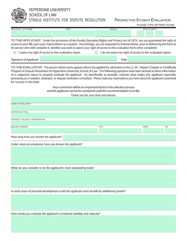 Pepperdine University School Of Law Straus Institute Prospective Student Evaluation screenshot