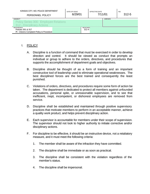 Police Department Personnel Policy   Disciplinary Actions screenshot