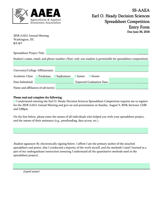 Earl O. Heady Decision Sciences Spreadsheet Competition Entry Form screenshot