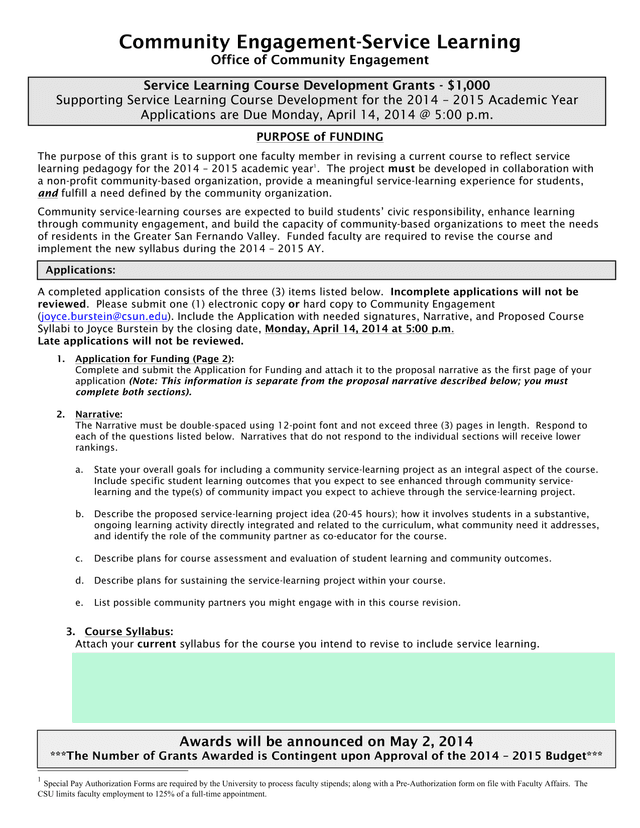 Community Engagement Service Learning Grant Application screenshot