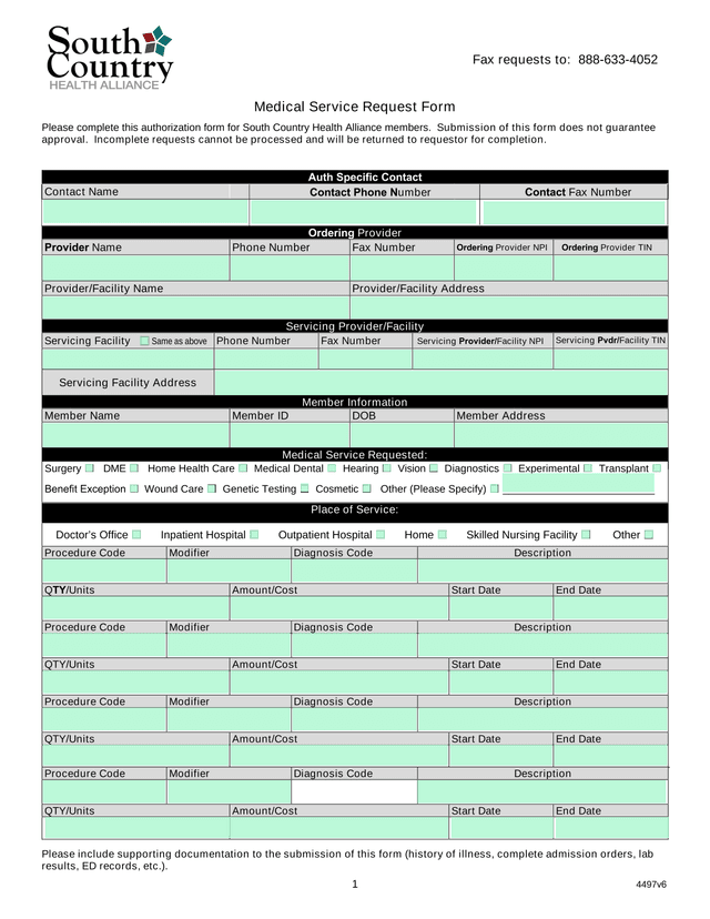 Medical Service Request Form screenshot