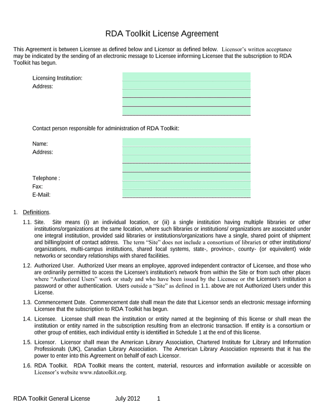 RDA Toolkit License Agreement screenshot