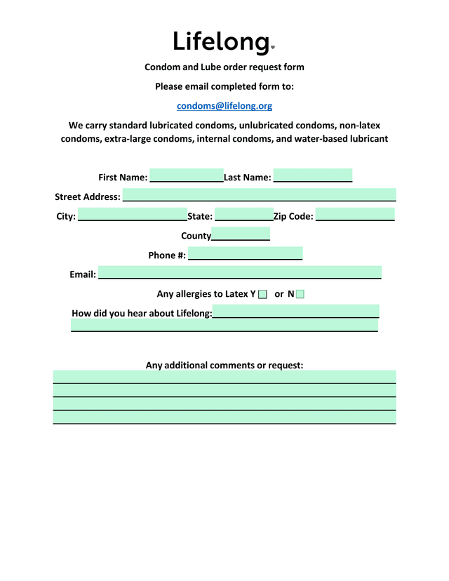 Condom And Lube Order Request Form screenshot
