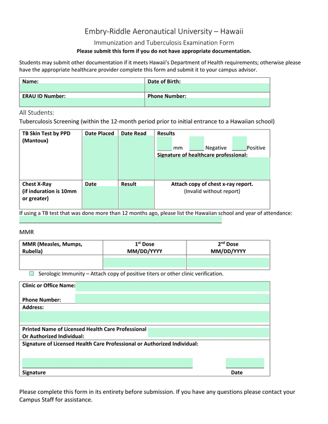 Immunization And Tuberculosis Examination Form screenshot