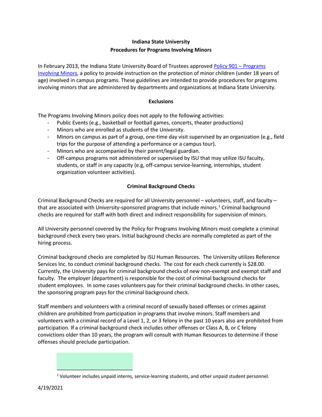 Procedures For Programs Involving Minors screenshot