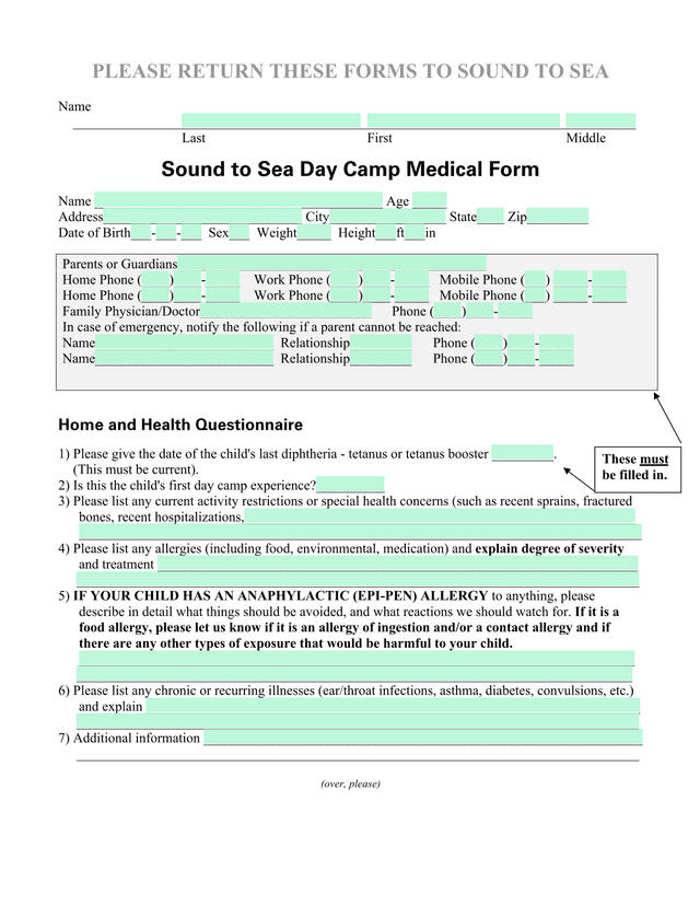 Sound To Sea Day Camp Medical Form screenshot