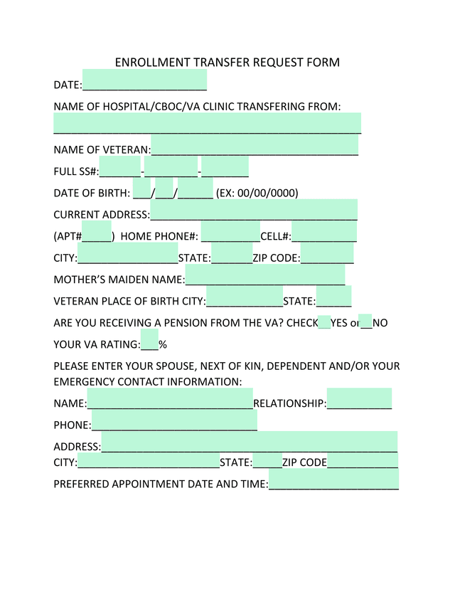 Enrollment Transfer Request Form screenshot