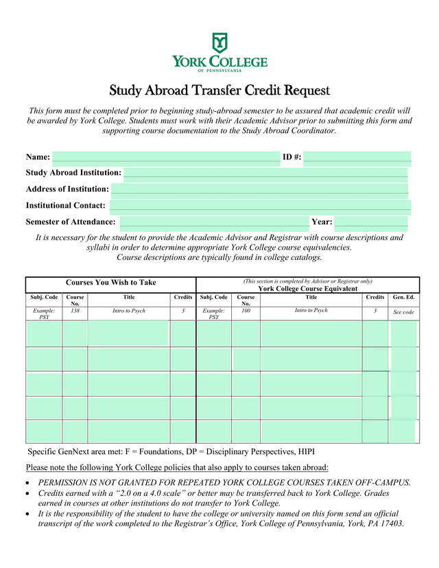 Study Abroad Transfer Credit Request screenshot