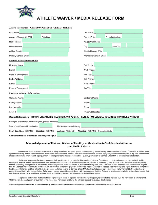 ATHLETE WAIVER  MEDIA RELEASE FORM screenshot