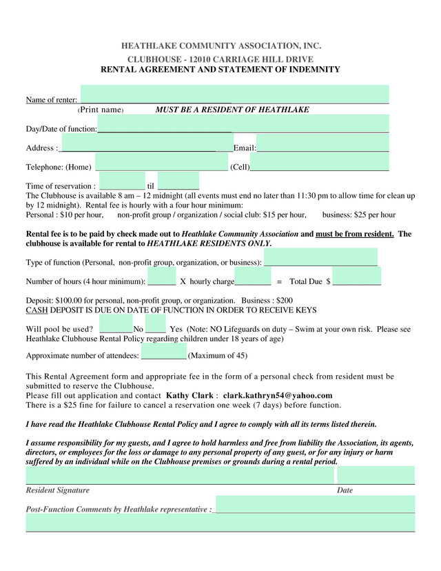 Clubhouse   Rental Agreement And Statement Of Indemnity screenshot
