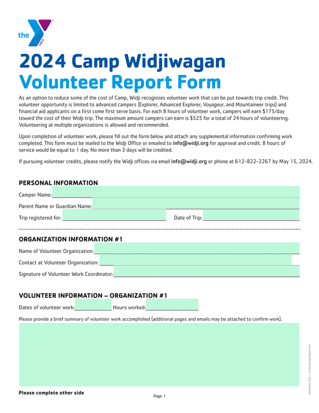 2024 Camp Widjiwagan Volunteer Report Form screenshot