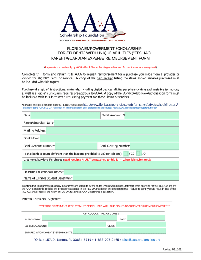 Florida Empowerment Scholarship For Students With Unique Abilities (FES UA) ParentGuardian Expense R screenshot