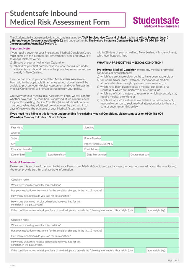 Studentsafe Inbound Medical Risk Assessment Form screenshot