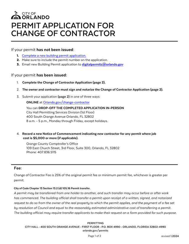Permit Application For Change Of Contractor screenshot
