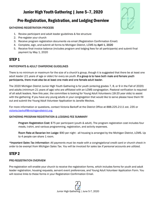 Michigan District Junior High Youth Gathering Registration Materials screenshot