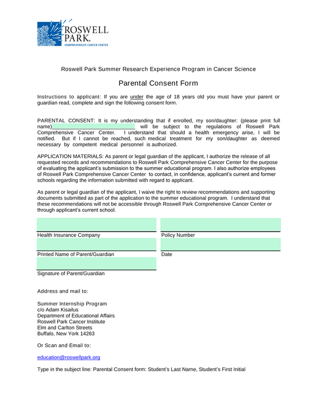 Roswell Park Summer Research Experience Program In Cancer Science Parental Consent Form screenshot