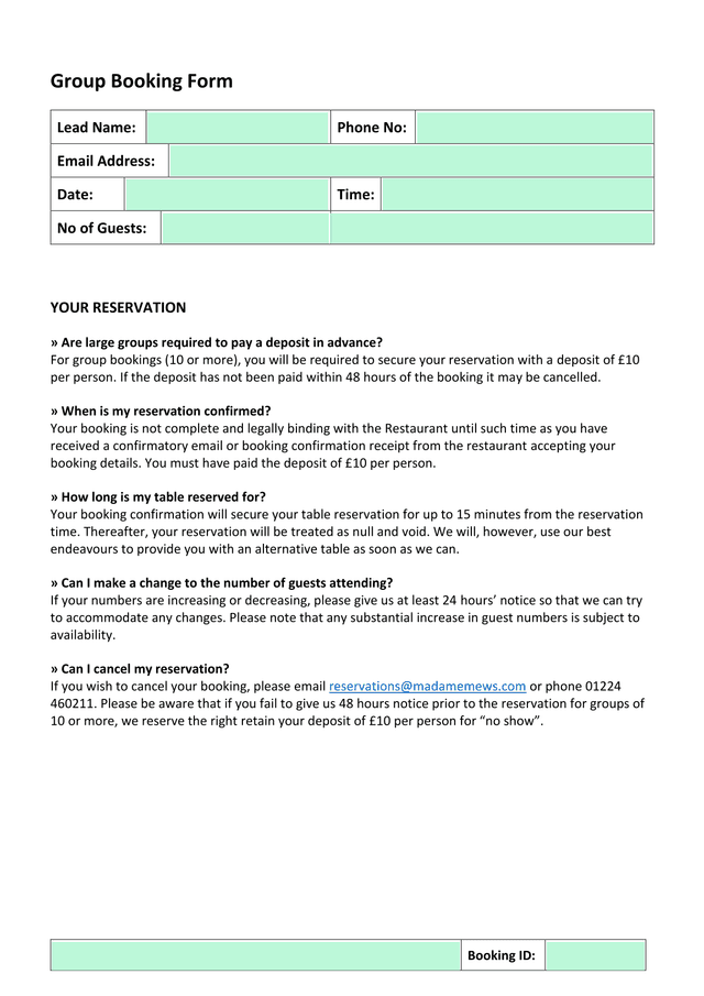 Group Booking Form screenshot