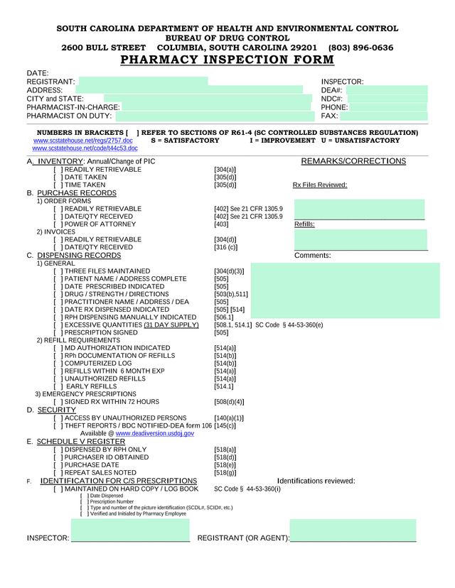 PHARMACY INSPECTION FORM screenshot