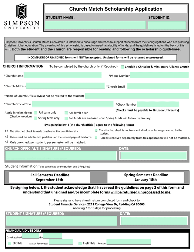 Church Match Scholarship Application screenshot
