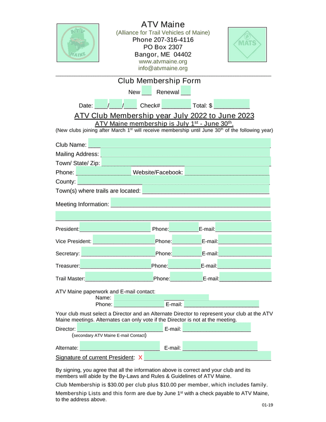 Club Membership Form screenshot