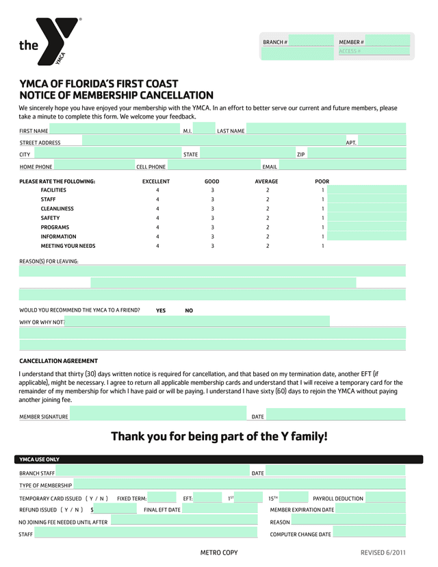 YMCA OF FLORIDAS FIRST COAST NOTICE OF MEMBERSHIP CANCELLATION screenshot
