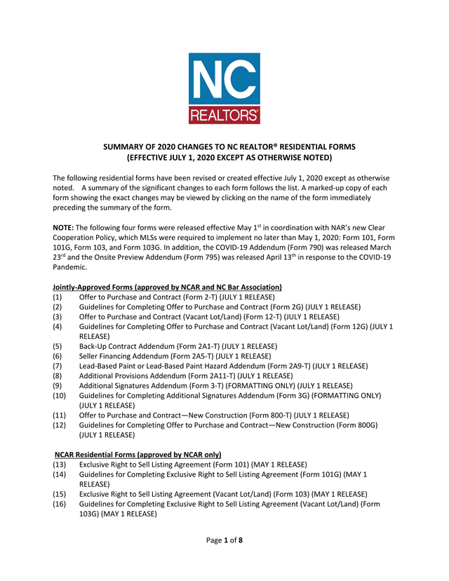 Summary Of 2020 Changes To NC REALTOR Residential Forms screenshot