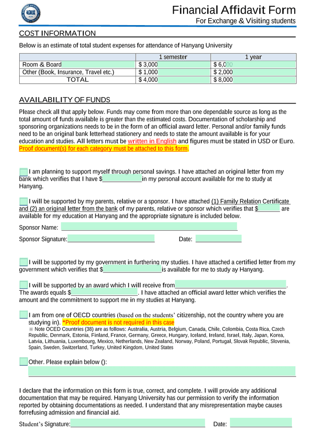 Hanyang University Cost Information And Funding Availability Form screenshot
