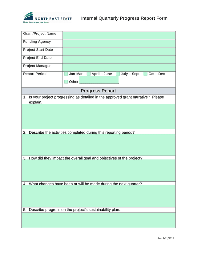 Internal Quarterly Progress Report Form screenshot