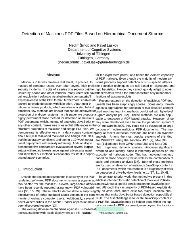 Detection Of Malicious PDF Files Based On Hierarchical Document Structure screenshot