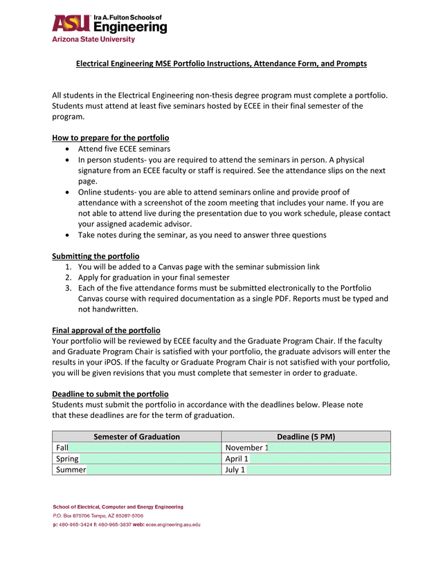 Electrical Engineering MSE Portfolio Instructions, Attendance Form, And Prompts screenshot