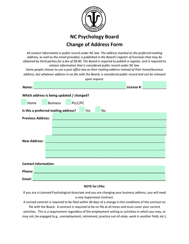 NC Psychology Board Change Of Address Form screenshot
