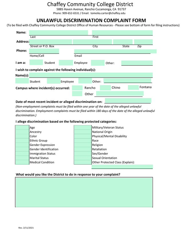 Unlawful Discrimination Complaint Form screenshot