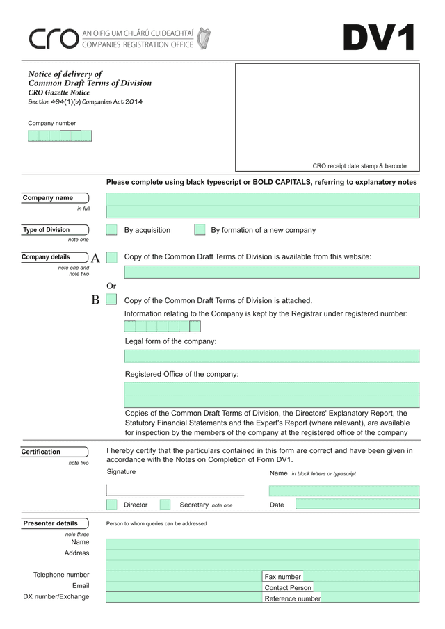 Notice Of Delivery Of Common Draft Terms Of Division DV1 screenshot