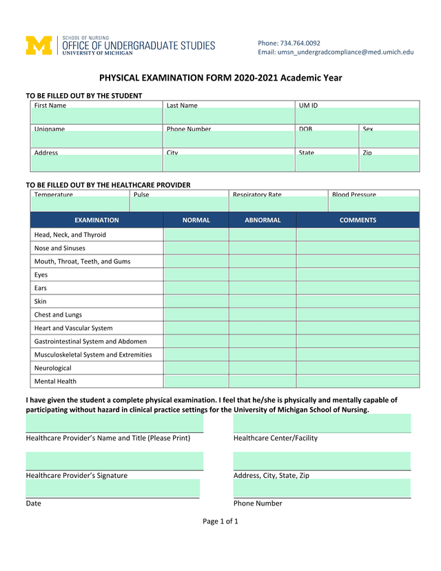 PHYSICAL EXAMINATION FORM 2020 2021 Academic Year screenshot