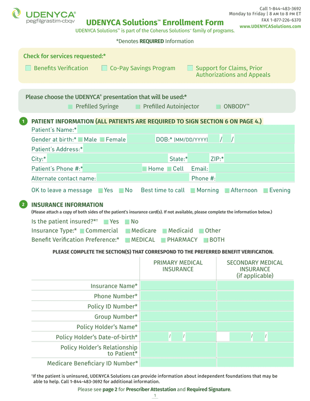 UDENYCA Solutions Enrollment Form screenshot