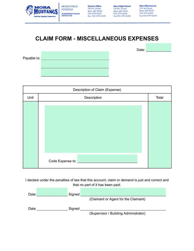 CLAIM FORM   MISCELLANEOUS EXPENSES screenshot