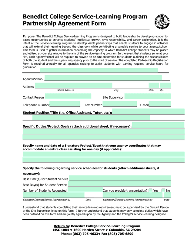 Benedict College Service Learning Program Partnership Agreement Form screenshot