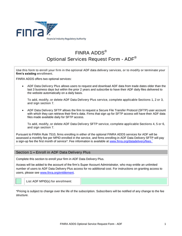 FINRA ADDS Optional Services Request Form   ADF screenshot