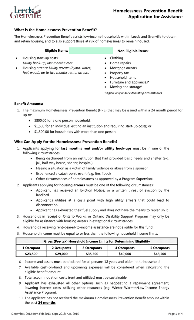 Homelessness Prevention Benefit Application For Assistance screenshot