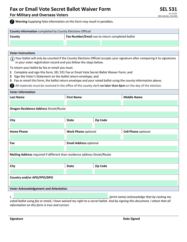 SEL 531 Fax Or Email Vote Secret Ballot Waiver Form For Military And Overseas Voters screenshot
