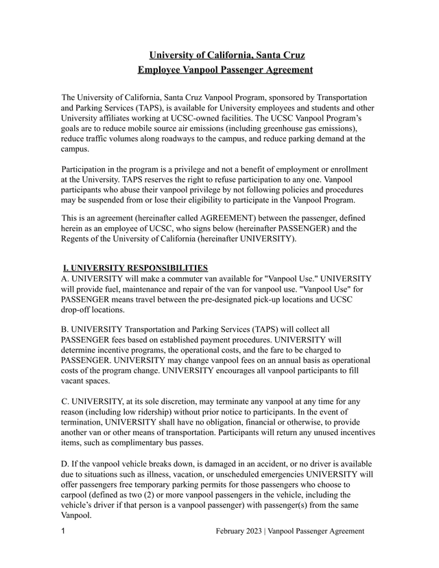 University Of California, Santa Cruz Employee Vanpool Passenger Agreement screenshot