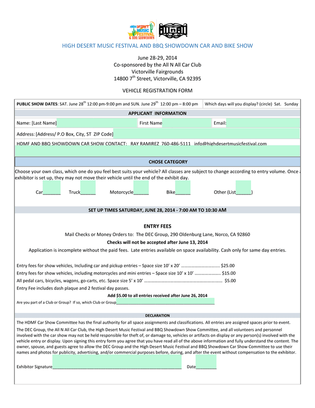 HIGH DESERT MUSIC FESTIVAL AND BBQ SHOWDOWN CAR AND BIKE SHOW VEHICLE REGISTRATION FORM screenshot